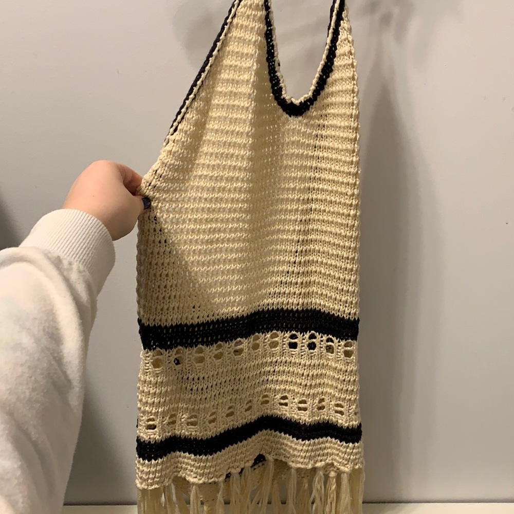 Black and Cream crochet vintage Havana halter top open back with fringe detail